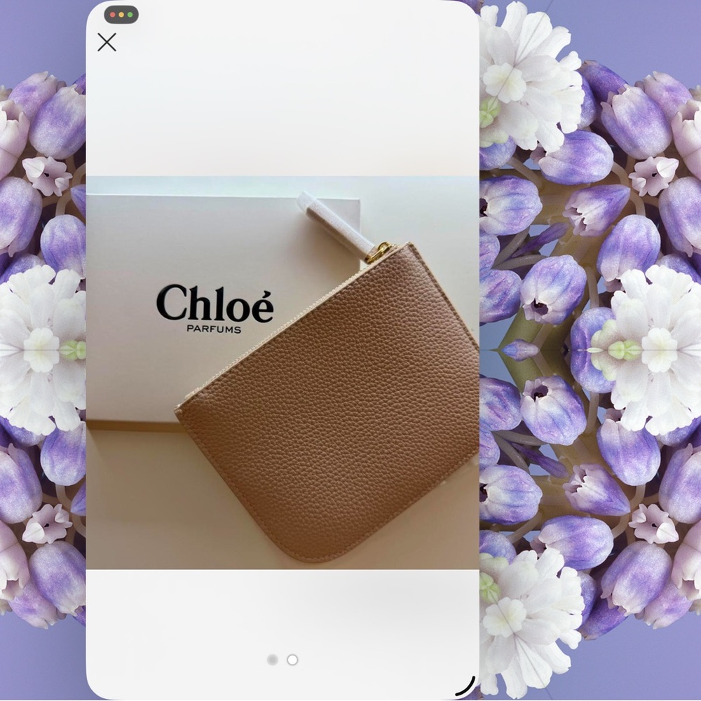 Chloé Tan Leather Pouch approximately 8 by 6.5 inches, includes perfume sample.